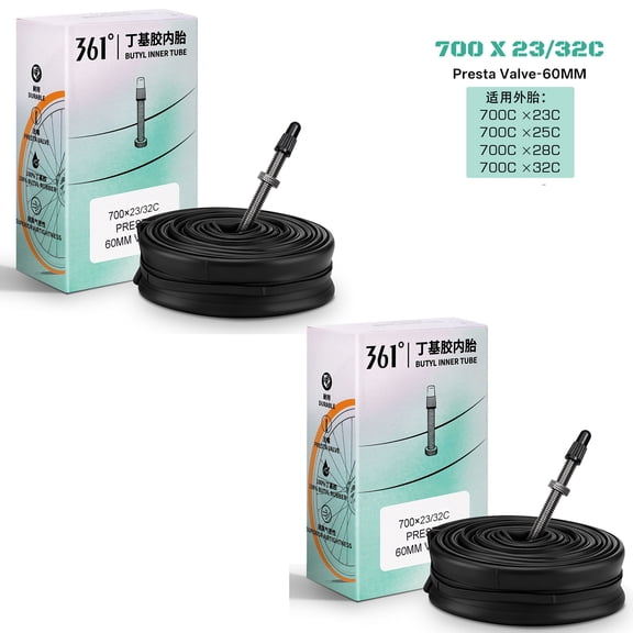 2-Pack 361° Bike Inner Tube 700x23c 700x25c 700x28c 700x32c with 60mm Long Presta Valve, Premium Butyl Rubber Road Bicycle Replacement Tubes, Deep Section Rim