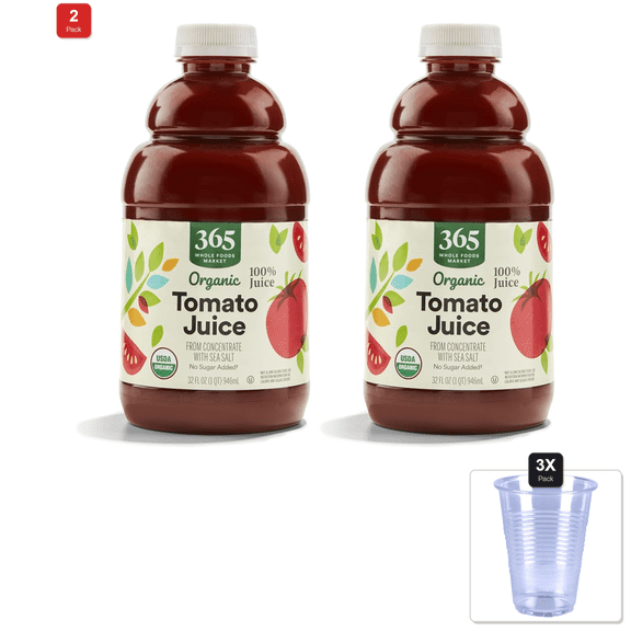 2 Pack | 365 By Whole Foods Market, Organic 100% Juice, Tomato, 32 Fl Oz & 3x Disposable Cup