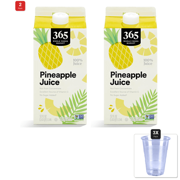 2 Pack | 365 By Whole Foods Market, Pineapple Juice, 52 Fl Oz & 3x Disposable Cup
