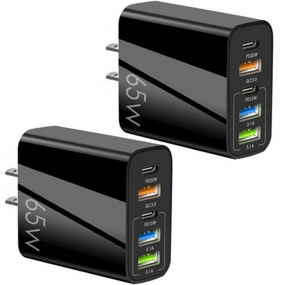 2 Pack 65W USB-C Fast Charger, 5 Ports USB Charging Hub Station Multiport Power Adapter PD Fast Charger (3x USB-A + 2x USB-C) Compatible with iPhone 17/16/15/14/13/12/11 Pro Max, iPad Pro/Air, Black
