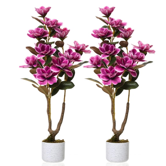 2 Pack 37" Artificial Magnolia Tree with Pink Flowers, Speckled White Planter, Faux Potted Plant for Home Office Patio Indoor Outdoor Decor