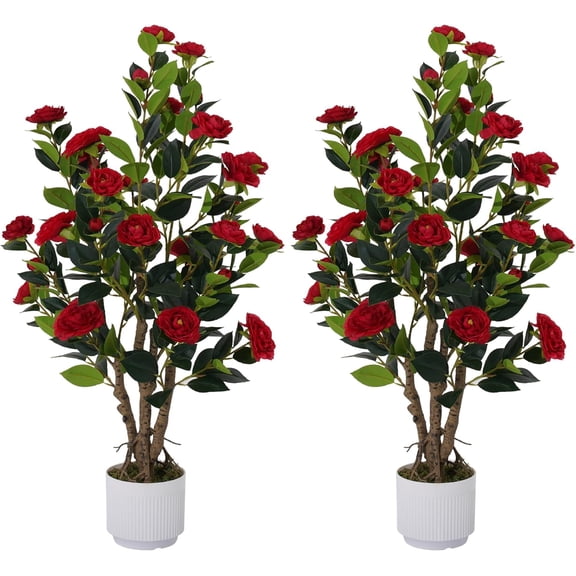 2 Pack 38 Inch Artificial Camellia Tree with White Pot Indoor Outdoor Decor Red