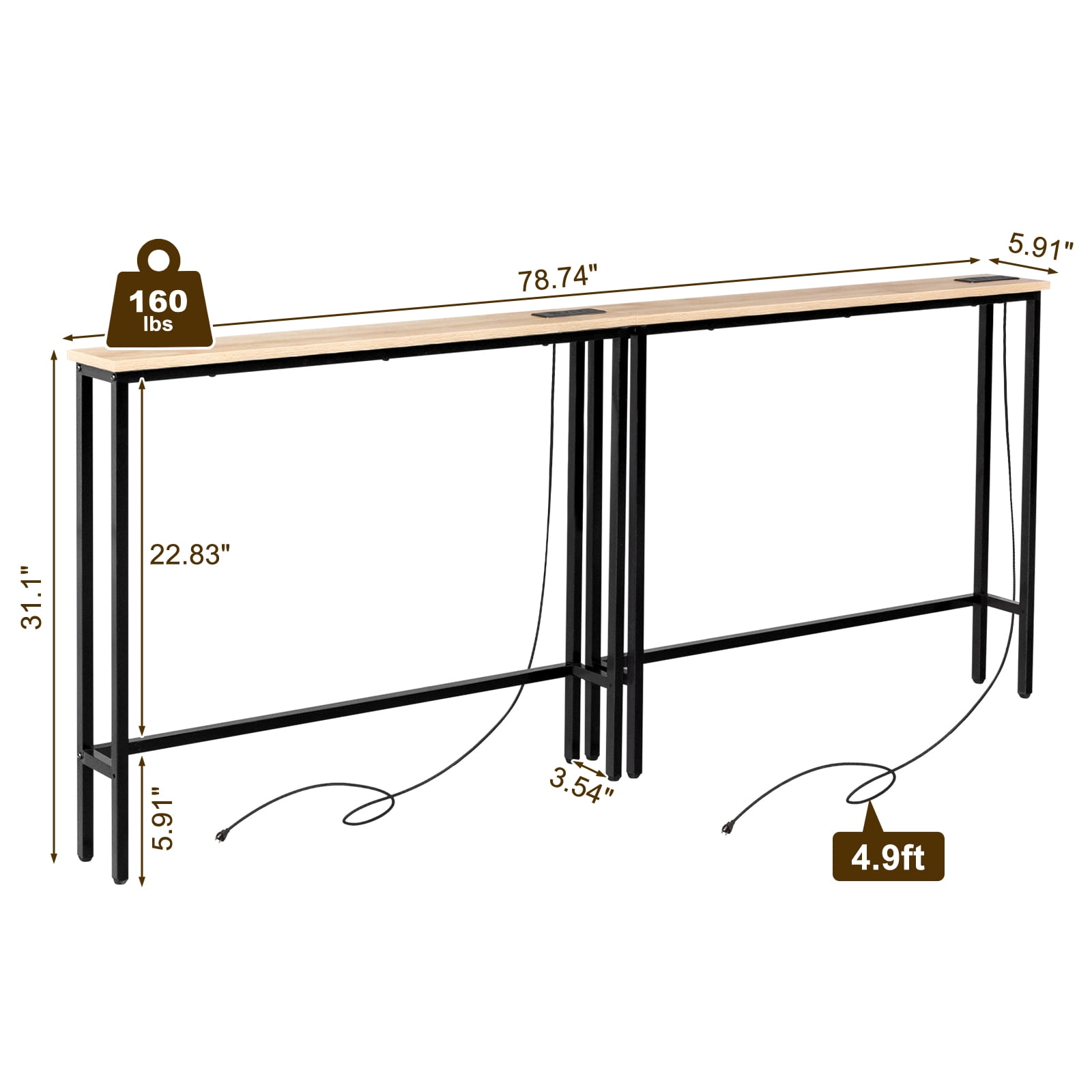 2 Pack 39.4" Narrow Console Sofa Table with Power Outlets and USB Ports, Long Couch Table with Metal Frame and Charge Station with 4.9ft Extension Cord, Oak