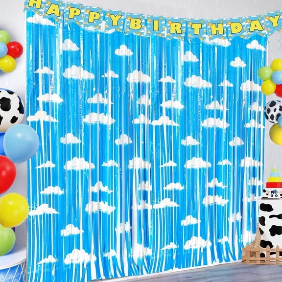 2 Pack 39x79 Inch Blue Sky White Cloud Foil Fringe Curtain, Tinsel Streamer Backdrop for Toy Birthday Baby Shower Story Party Decorations