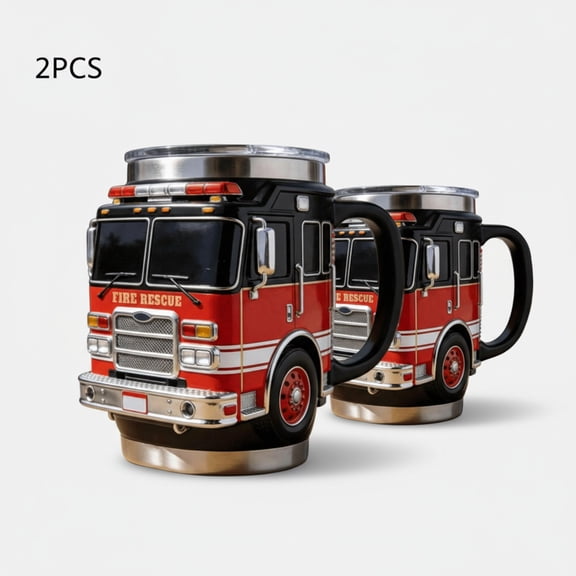 2-Pack 3D Fire Truck Shaped Coffee Mug - Realistic Fire Rescue Engine Design Cup for Home/Office Use, Ideal Gift for Firefighters/First Responders