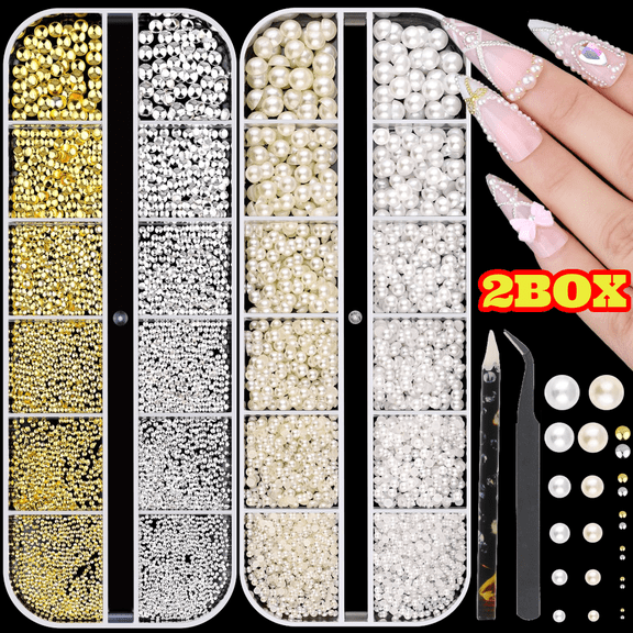 2 Pack 3D Nail Charms, Small Gold & Silver Round Metallic Nail Art Gems and Flat Back Pearl Nail Beads, Craft Decoration Rhinestones Jewels Accessories with Tweezers and Pick-up Pencil