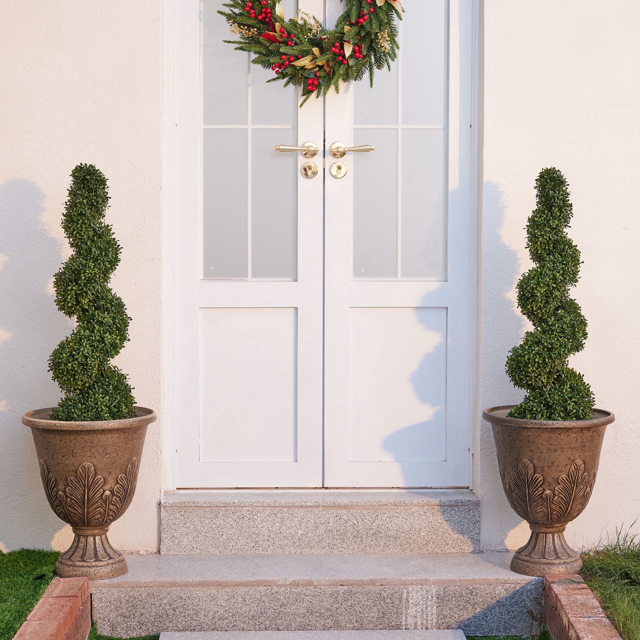 DR.Planzen 2 Pack 3FT Artificial Boxwood Spiral Topiary Tree – 450 Leaves Faux Boxwood Plant, UV Resistant Artificial Plant – Realistic Front Door Entryway Porch Decor Tree for Outdoor Garden Patio