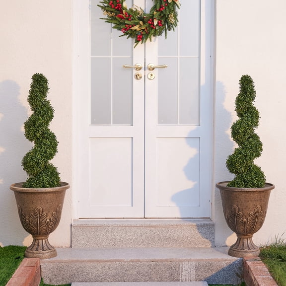 DR.Planzen 2 Pack 3FT Artificial Boxwood Spiral Topiary Tree – 450 Leaves Faux Boxwood Plant, UV Resistant Artificial Plant – Realistic Front Door Entryway Porch Decor Tree for Outdoor Garden Patio