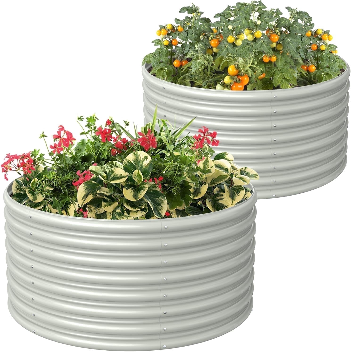2-Pack 3FT(D) x2FT(H) Round Galvanized Raised Garden Bed Outdoor, Metal Raised Garden Beds for Flower, Raised Planter Box Outdoor for Herb, Vegetable-White