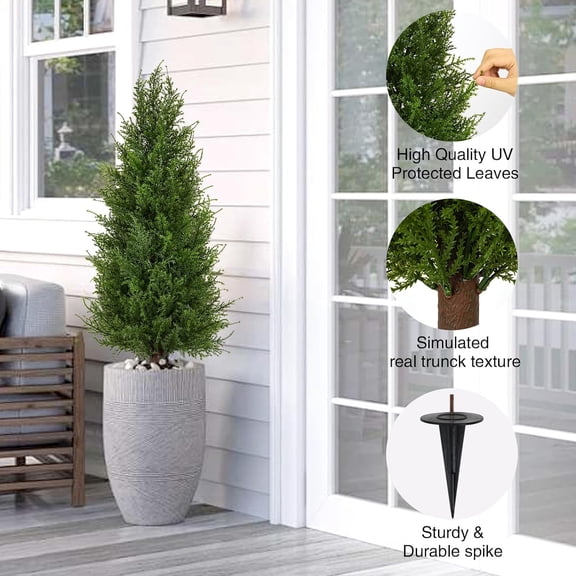 2 Pack 3FT UV Resistant Artificial Cedar Topiary, Faux Evergreen Bushes Shrubs with Ground Spike, Year-Round Decor, Lifelike Indoor Outdoor Greenery for Porch Garden Office