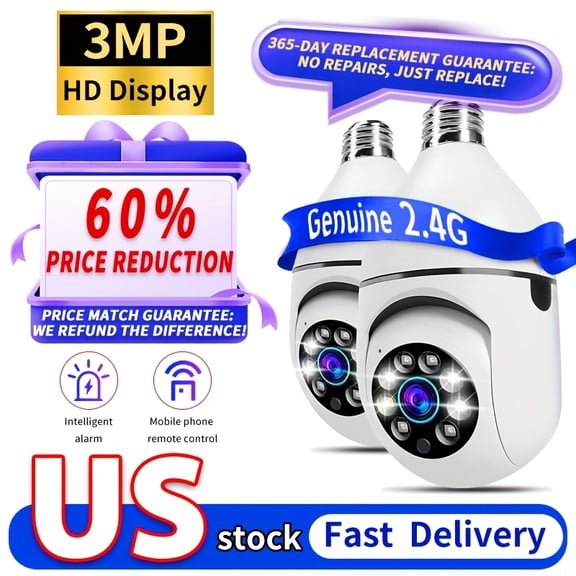 2-Pack 3MP WiFi 5G Security Camera Light Bulbs: Wide-Angle, Motion Detection, Color Night Vision, 2-Way Audio, Smart App Control for Home & Business