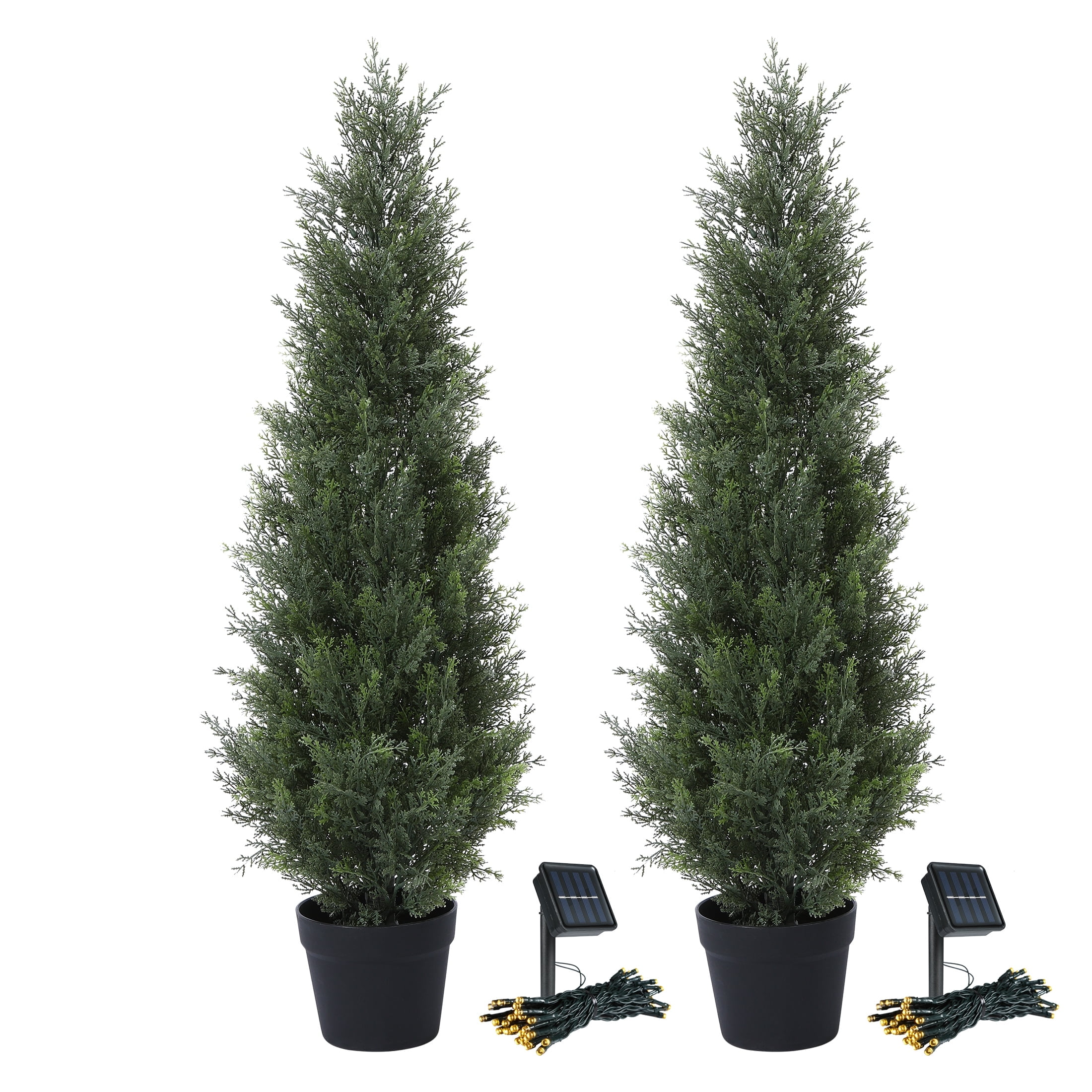 2 Pack 3ft Artificial Cedar Topiary Trees for Outdoors, Fake Cypress Plants with Solar Light String, Faux uv resistant Plants for Home Front Porch Decor, Housewarming Gift