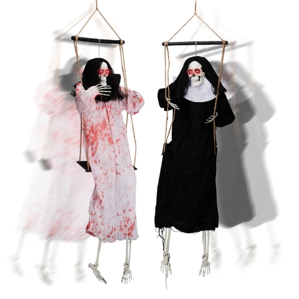 2-Pack 3ft Halloween Hanging Grim Reaper Ghosts, Glowing Red LED Eyes + Horror Screams for Indoor/Outdoor Use