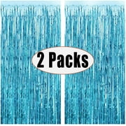 2 Pack 3ft x 8.3ft Lake blue Metallic Tinsel Foil Fringe Curtains Photo Booth Props for Christmas Birthday Wedding Bridal Shower Baby Shower Bachelorette Holiday Celebration Party Decorations