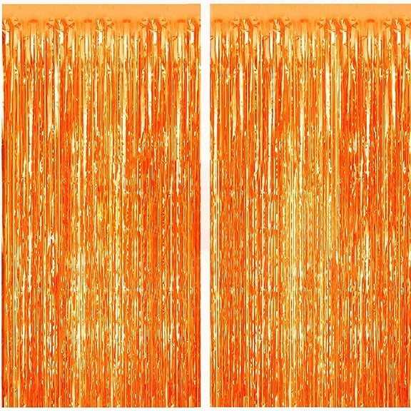 2 Pack 3ft x 8.3ft Orange Metallic Tinsel Foil Fringe Curtains Photo Booth Props for Christmas Birthday Wedding Bridal Shower Baby Shower Bachelorette Holiday Celebration Party Decorations