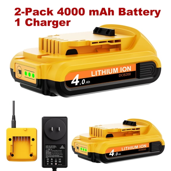 2 Pack 4.0Ah Replacement Battery and Charger for Dewalt 20V Max Batteries DCB200 DCB205-2 DCB206 DCB204 DCB203 DCB208 Compatible with Dewalt 20V Cordless Power Tools with Charger