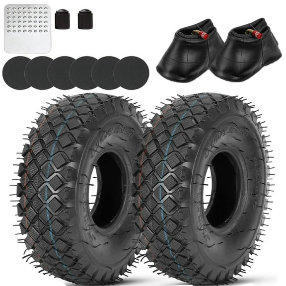 2 Pack of 4.10/3.50-4 4.10-4 410-4 Tire & Inner Tube with Bent Valve Stem Replacement Fits Lawn Mowers Hand Trucks Dollies Wheelbarrow Wagons Yard Trailers Go Carts Generators Snow Blowers Parts