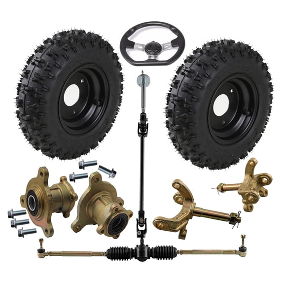 2 Pack 4.10-6 410-6 Go kart Wheels Tire Rim with Front Steering Wheel Tie Rod Rack Shaft Assembly Hubs Flange Knuckle Spindles for DIY ATV UTV Drift Trike Golf Cart Quad Buggy Dune Moped Mini Bike