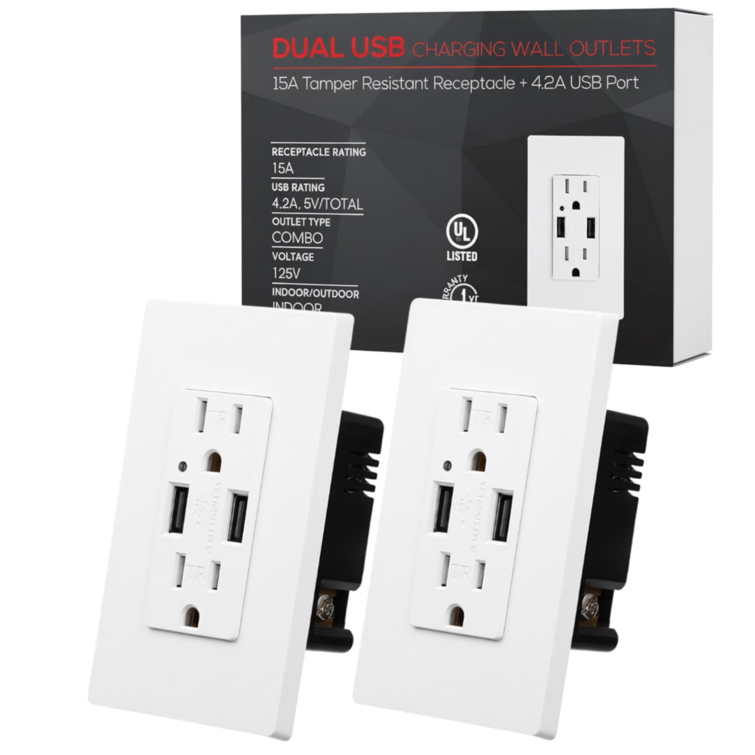 2 Pack 4.2A USB Wall Outlet Fast Charge, 15A Tamper-Resistant Receptacles Socket USB Outlets, UL-listed Dual High, Speed Charger USB Electrical Outlets, Wall Plate Included, White