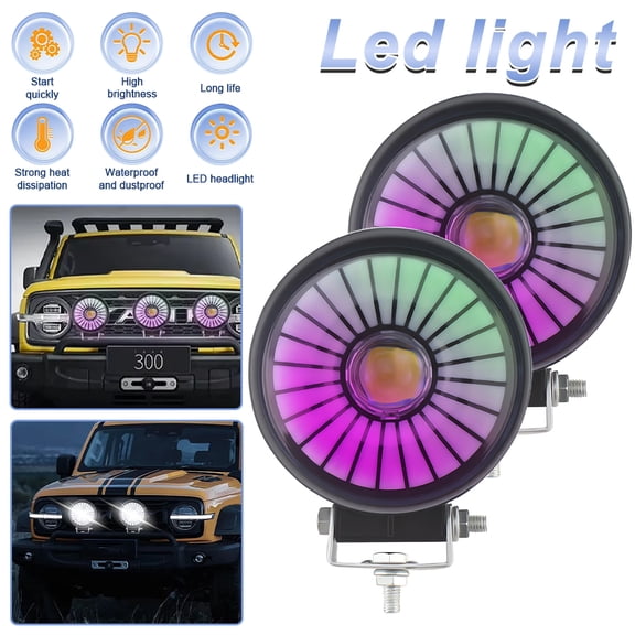 2 Pack 4.5 Inch Round LED Offroad Work Light with RGB Halo Ring, High Bright Spot Beam Waterproof LED Pod Light, Adjustable Mount LED Driving Fog Light for Jeep SUV ATV UTV Motorcycle Truck