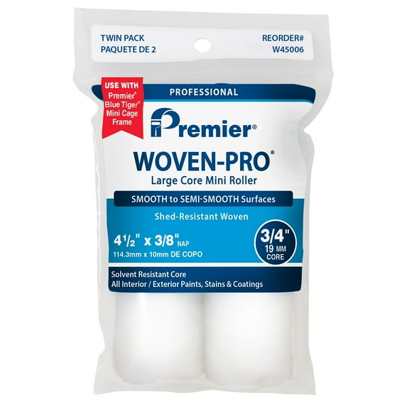 2 Pack 4.5 in. X 3/8 in. Premier Woven-Pro Large Core Mini Rollers, Woven Polyester, 3/8 in. Nap for Smooth-Semi-Smooth Surfaces