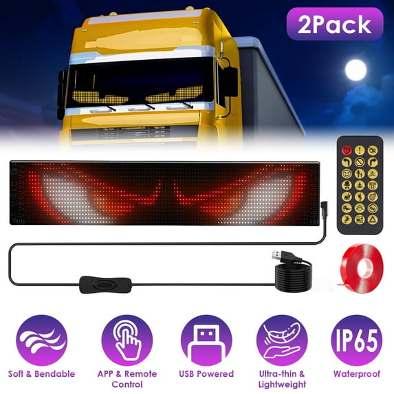 2 Pack 4.7"x23.6" Flexible LED Eyes for Car Windshield Ultra-Thin Programmable Devil Eye Light with App Control IP65 Waterproof USB-Powered