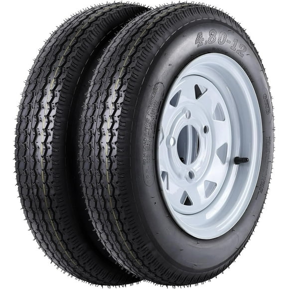 2 Pack 4.80-12 4.80x12 480-12 4.80-12 Trailer Tires with 12'' Rims, 4 Lug on 4.5'', Load Range C 6PR