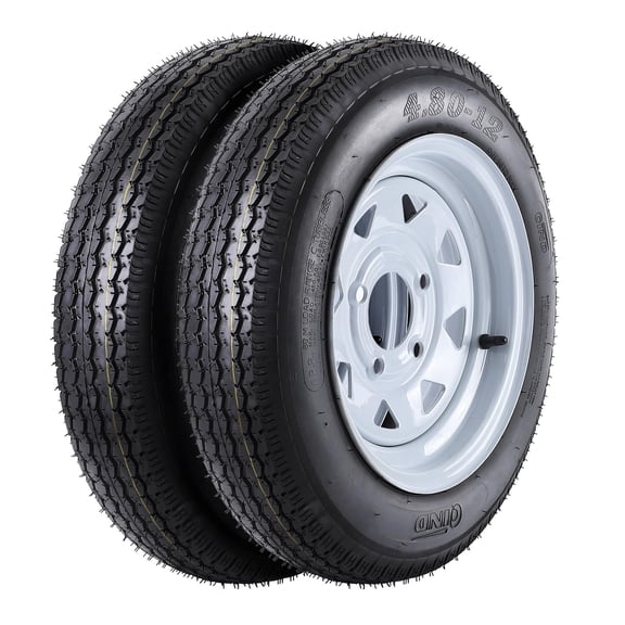 2-Pack 4.80-12 Trailer Tire & Wheel Assemblies, 12" White Spoke Rim, 4 Lug 4" Bolt Pattern, Load Range C, 6PR, Heavy Duty for Utility, Boat & Camper Trailers, All-Weather, 4.80-12 6PR 4 holes