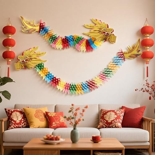 2 Pack 4.9 ft 3D Chinese New Year Dragon Hanging Decorations, Lunar New Year Paper Dragon Puppet Pick Garland for Spring Festival Lantern Party Classroom Handheld DIY Crafts Decor$$