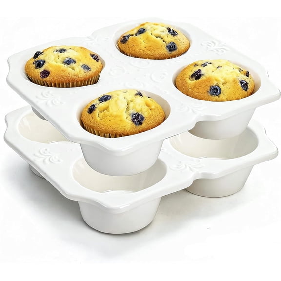 2 Pack 4-Cup Ceramic Muffin Pan, Nonstick Muffin Tin with Handle, Ceramic Cupcake Baking Pans with Embossed Pattern for Muffin, Cupcake, White, 7.5" x 7" x 1.6"
