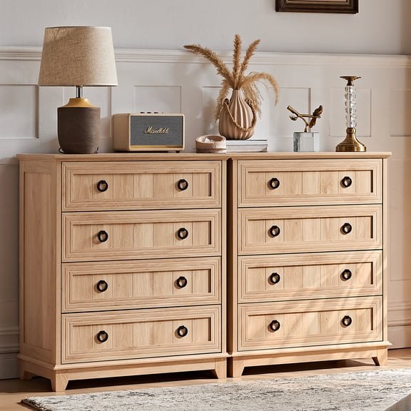 2 Pack 4 Drawer Dresser for Bedroom, Retro Wood Storage Cabinet with Antique black Round Handles, Vintage Chest of Drawers with Solid Base for Living Room, Hallway, Guest Room, Natual