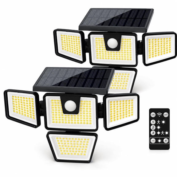 2 Pack 4-Head Solar Motion Sensor Lights Outdoor with Remote Control, Adjustable LED Wall Lights with 3 Modes for Garage, Driveway, Patio and Backyard