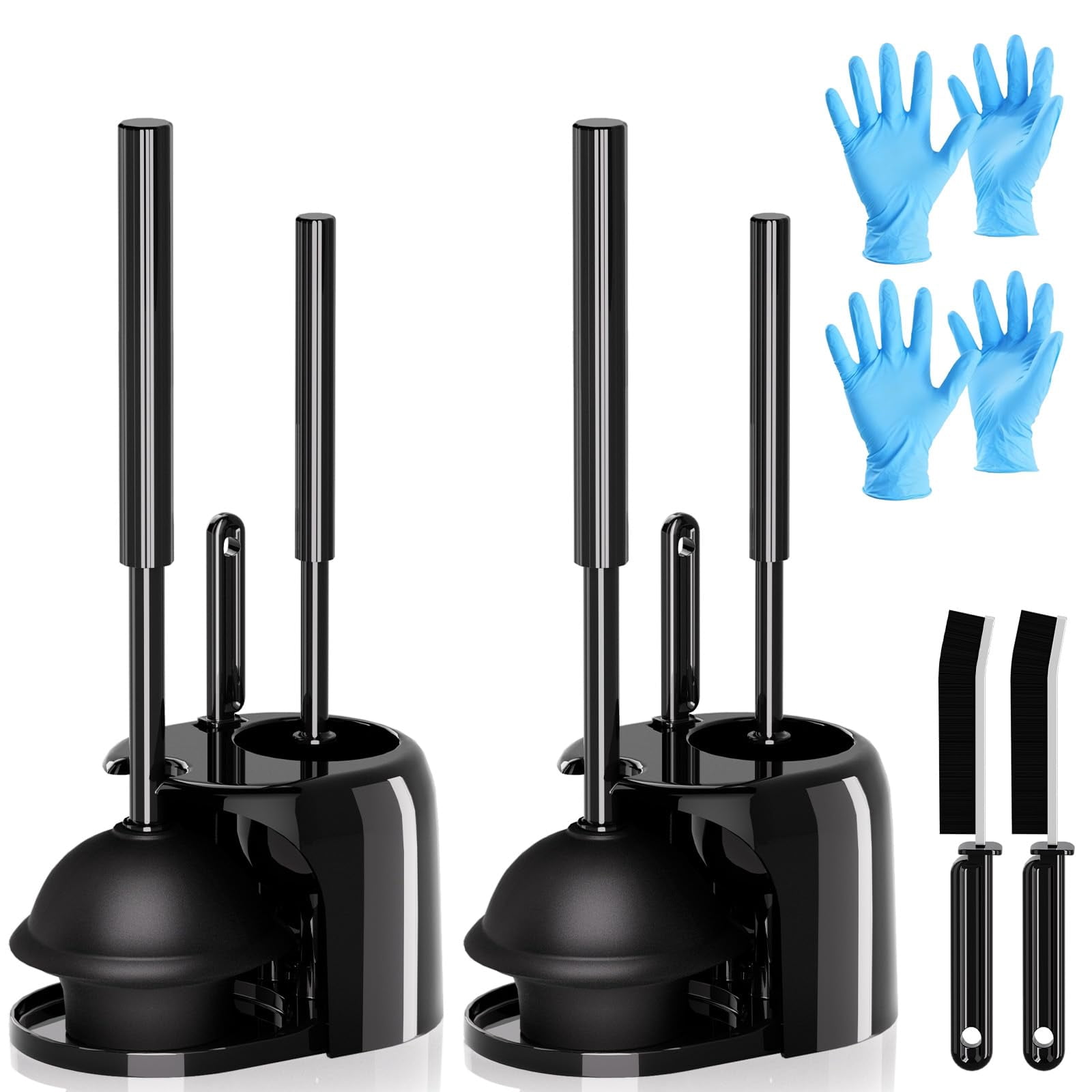 2 Pack 4 In 1 Toilet Brush And Plunger Set With Crevice Cleaning  Extra Long Handle Plungers For Bathroom Accessories Holder Black