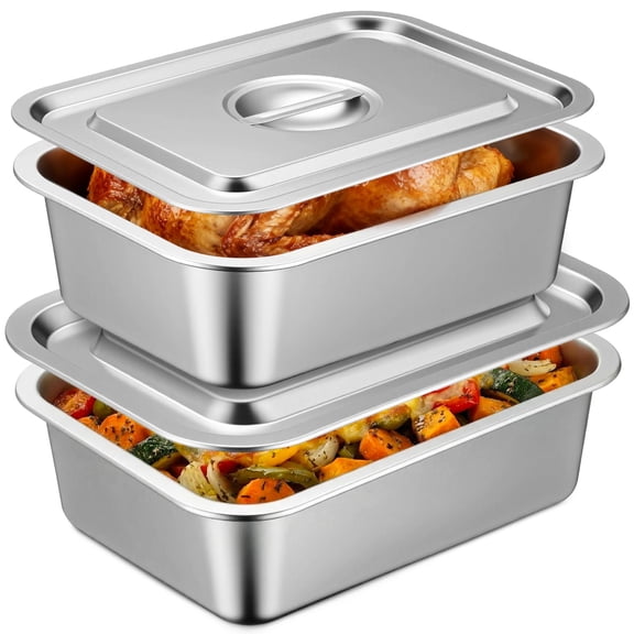 2 Pack 4 Inch Extra Deep Lasagna Baking Pan with Lid, 11"x14.2" 7.4qt & 8.6"x12.5" 4qt Rectangular Large Stainless Steel Nonstick Lasagna Roasting Pans Set Deep Baking Dish Set for Oven