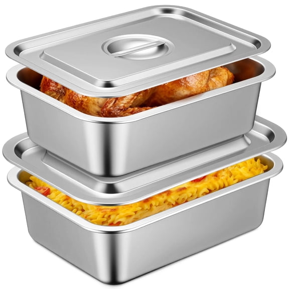 2 Pack 4 Inch Extra Deep Lasagna Baking Pan with Lid, 11"x14.2" 7.4qt & 8.6"x12.5" 4qt Rectangular Large Stainless Steel Nonstick Lasagna Roasting Pans Set Deep Baking Dish Set for Oven