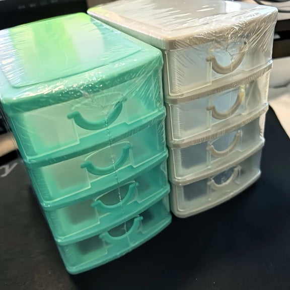 2-Pack 4-Layer Desktop Storage Box with Drawers – Compact Plastic Organizer for Cosmetics, Stationery, Jewelry, and Small Items – Stackable and Detachable – Mint Green/Black/White