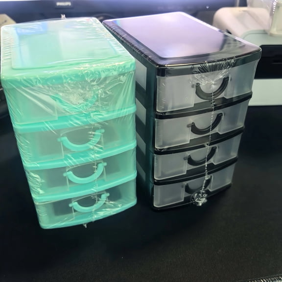 2-Pack 4-Layer Desktop Storage Box with Drawers – Compact Plastic Organizer for Cosmetics, Stationery, Jewelry, and Small Items – Stackable and Detachable – Mint Green/Black/White