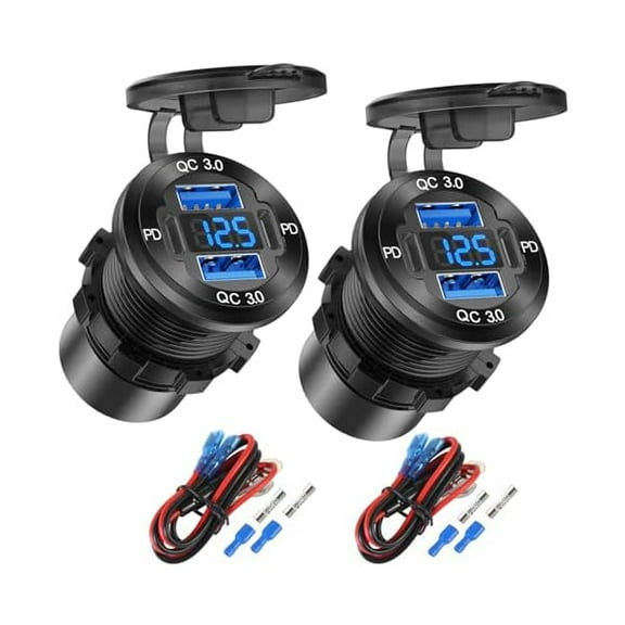 2 Pack 4 Port 12V USB Outlet Aluminum Charger, 78W Dual PD & QC Multiple USB Port for Car, USB C Cigarette Lighter Replacement 12 Volt Socket with Voltmeter Waterproof for Marine Boat Motorcycle RV