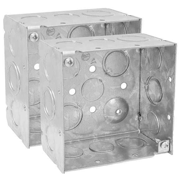 2 Pack 4'' Square Electrical Box, Ten 1/2'' and Six TKO Knockouts, Welded Construction, 30.3 Cu. in. Capacity, 2-1/8'' Deep, Raised Ground, Combination Screw Heads, Galvanized Steel