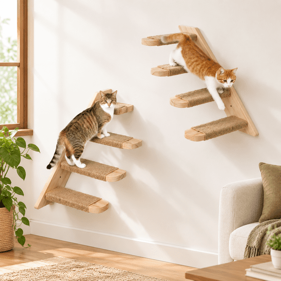 2 Pack 4 Step Wood Mounted Cat Wall Stairs With Sisal Rope Climbing Surfaces