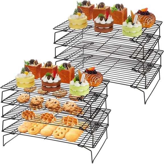 2 Pack 4 Tier Cooling Rack Stackable Collapsible Folding Legs Stainless Steel Wire Rack for Baking Cooking Drying Roasting Cookies Bread Meat, 16 x 10 Inch