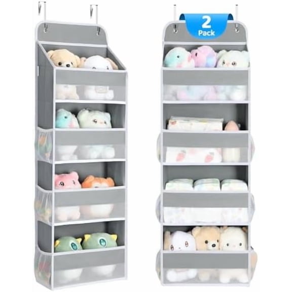 2 Pack 4 Tier Over The Door Organizer, 35.2lbs Load Toy Stuffed Animal Storage, Swing-Proof Hanging Bathroom Organizers and Storage for Nursery Baby Essential Stuff Dorm Room Essentials, Grey