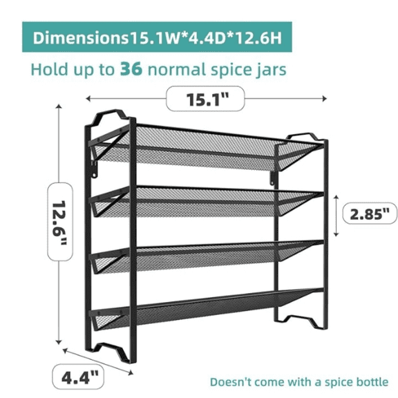 2 Pack 4 Tier Spice Rack Organizer,Stackable Kitchen Counter Shelves,for Cabinet,Countertop,Pantry, Door or Wall Mount, Metal Mesh,Jars not Included, Black