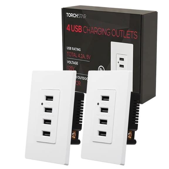 2 Pack 4 USB Charging Wall Outlets, 4.2A Fast Charging USB Ports, 2 Wall Plate Included, UL-listed, Smart Auto-identify Charging Current, White