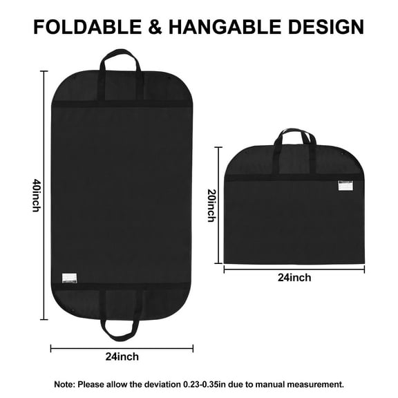 2 Pack 40" Garment Bags for Travel and Hanging Clothes Storage, Suit Covers with Handles Breathable Foldover Suit Bags for Traveling Clothes Protector for Gowns Dresses Sweaters, Black