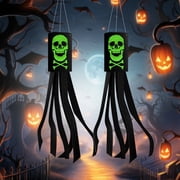2 Pack 40 Inch Halloween Luminous Ghost Skull Windsock Flag, Glow in The Dark Skeleton Windsocks Flag, Outdoor Hanging Decor for Yard Patio Garden Pathway Party Decoration