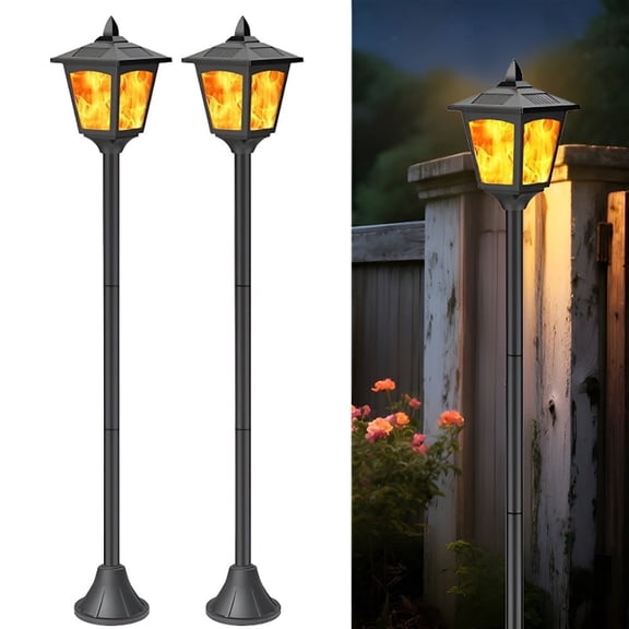 Kanstar 2 pack 40" Solar Flame Flickering Lights Outdoor, LED Post Lanterns for Garden & Pathway, Waterproof