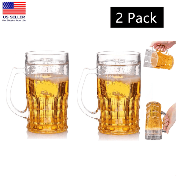 2 Pack 400ml Funny Fake Beer Mug with Handle, Plastic Double Walled Realistic Frothy Drink Cup Suitable for Parties, Gag Gifts & Pranks, Fun Prop, Novelty Drinkware Mugs for Faux Beer, Bar, Beverages