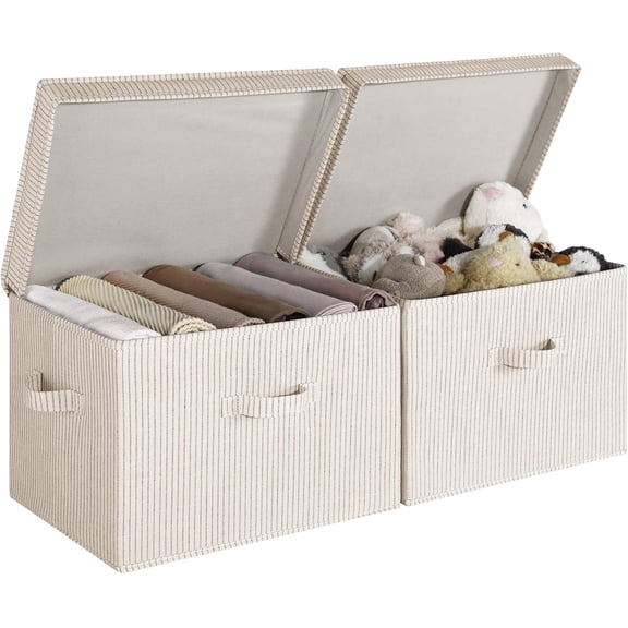2 Pack 40L Jumbo Striped Fabric Storage Boxes with Flip Lids & 3 Fabric Handles, Foldable Stackable Closet Organizer Bins, Neutral Beige Khaki Containers for Clothes Towels Toys Office Supplies