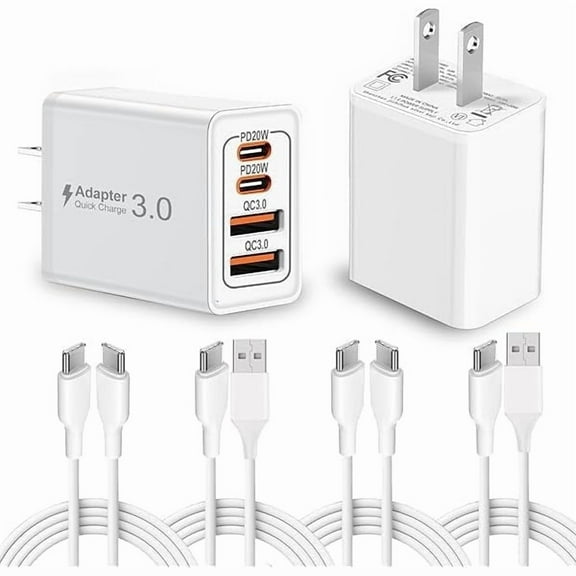 1-Pack 40W Fast Charger,2 Pack USB-C Fast Charging Cable,2 Pack Type C-C Fast Charging Cable,4-Port PD Power Adapter,QC Plug Multiport Charger for iPhone 16 15,iPad,AirPods,Watch,Samsung,and More